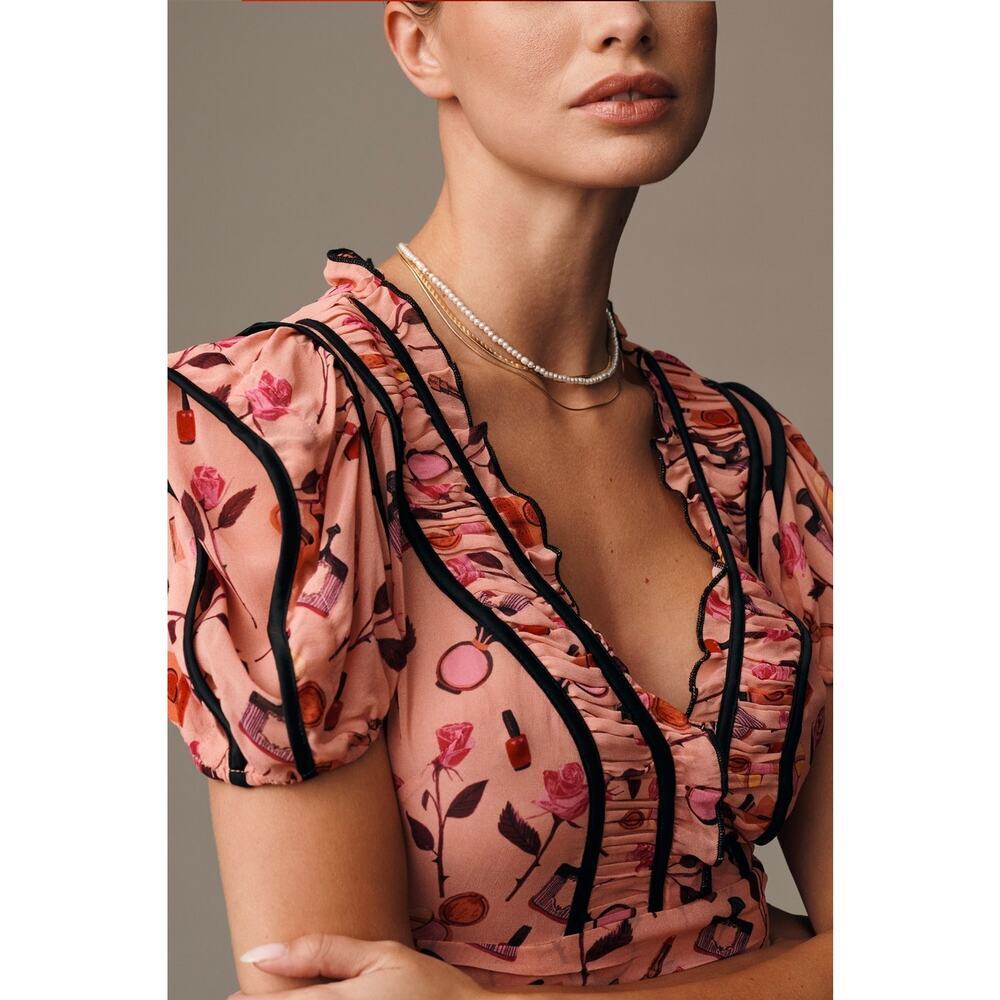 Anthropologie Maeve  V-Neck Puff-Sleeve Printed Blouse. Size M.  Retails $118